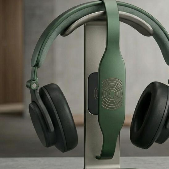 Wireless over-ear headphones hanging on a headphone stand with a medical device implant charging accessory.