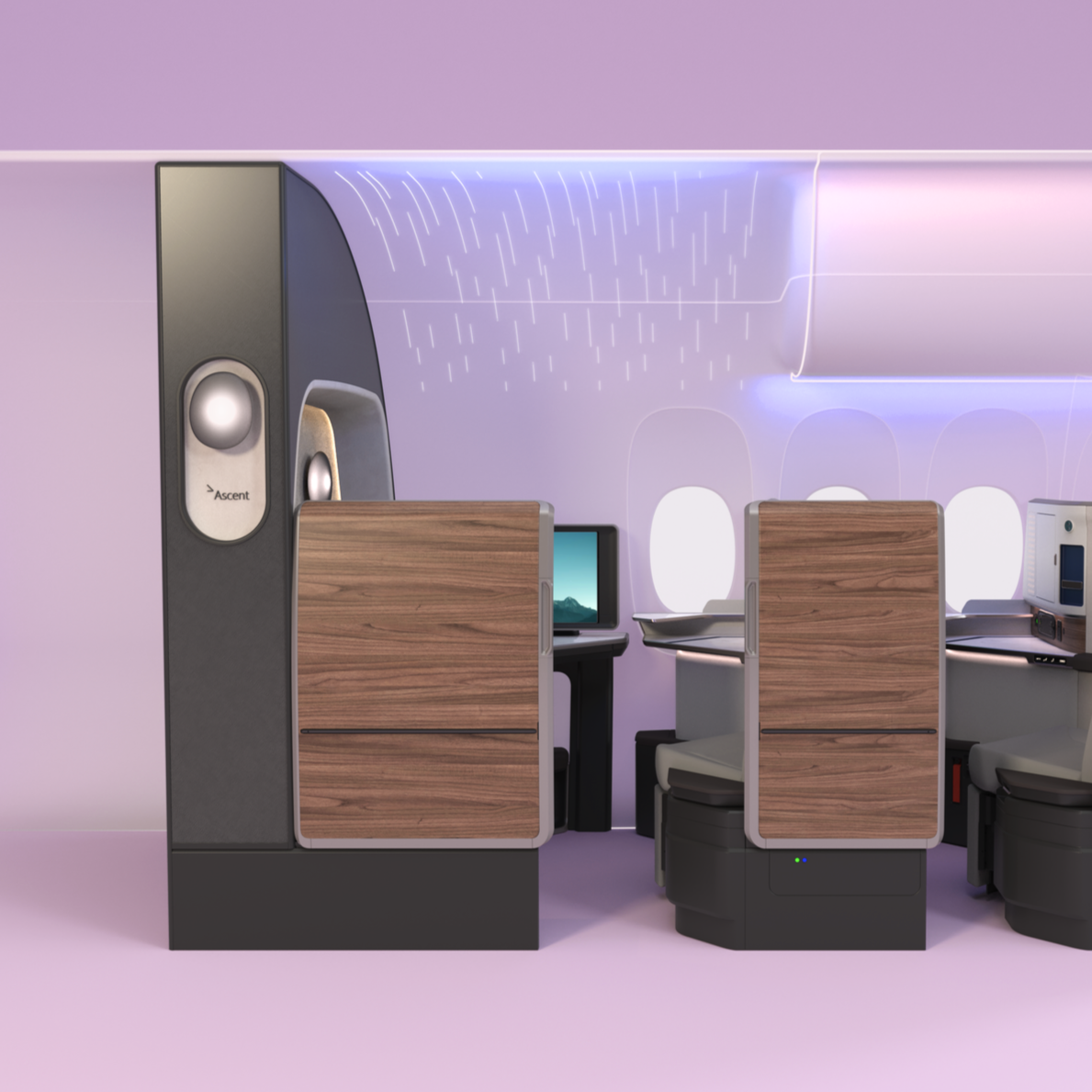 Inside an airplane cabin with purple walls, showing seats with wood paneling, personal screens, and a large speaker with the brand name Ascent.