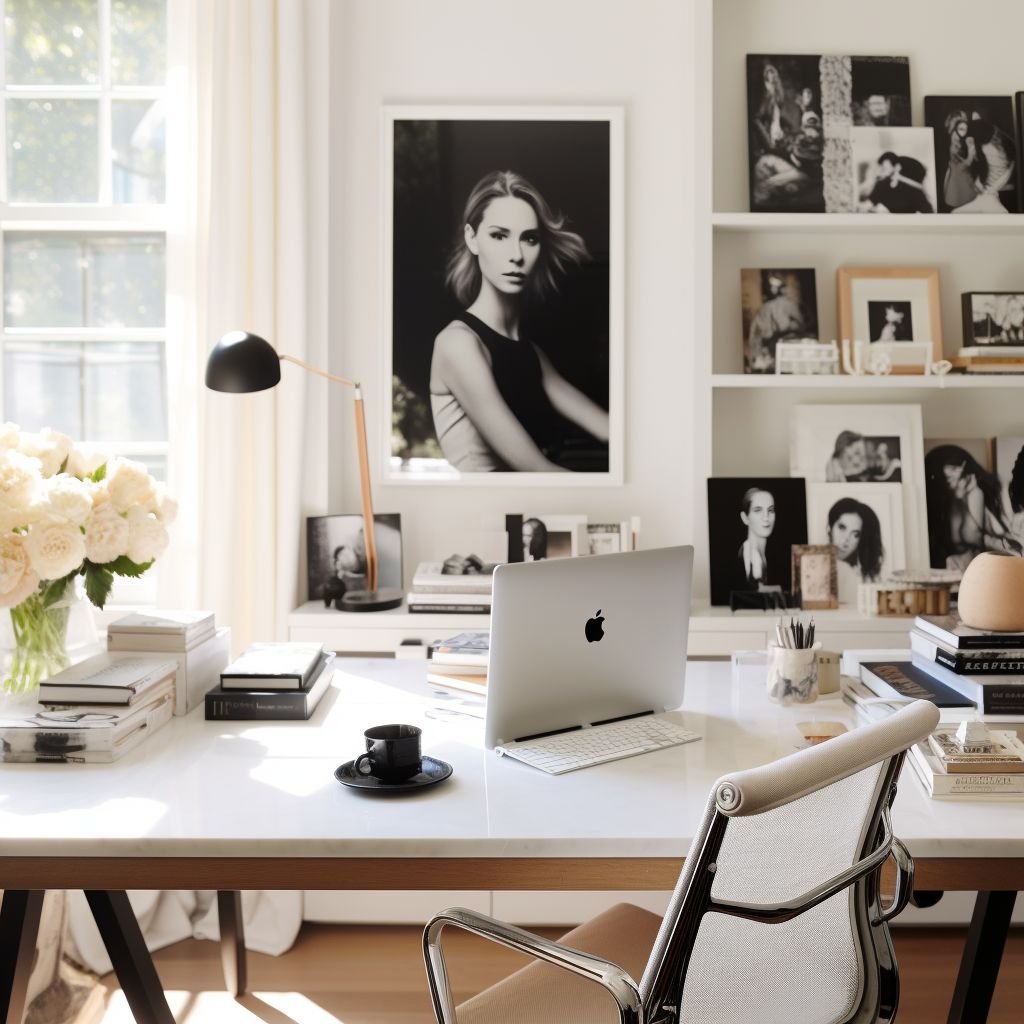 Home office with a white desk holding a silver Apple iMac, a black coffee cup on a saucer, and numerous notebooks and books. A large black-and-white portrait of a woman hangs on the wall. Shelves contain framed photographs and artwork, and a window lets in natural light, illuminating fresh flowers in a vase.