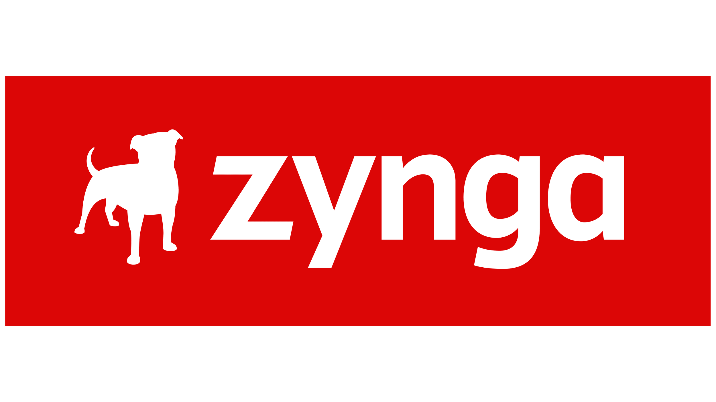 Red background with white silhouette of a dog and the word "zynga" in white lowercase letters.