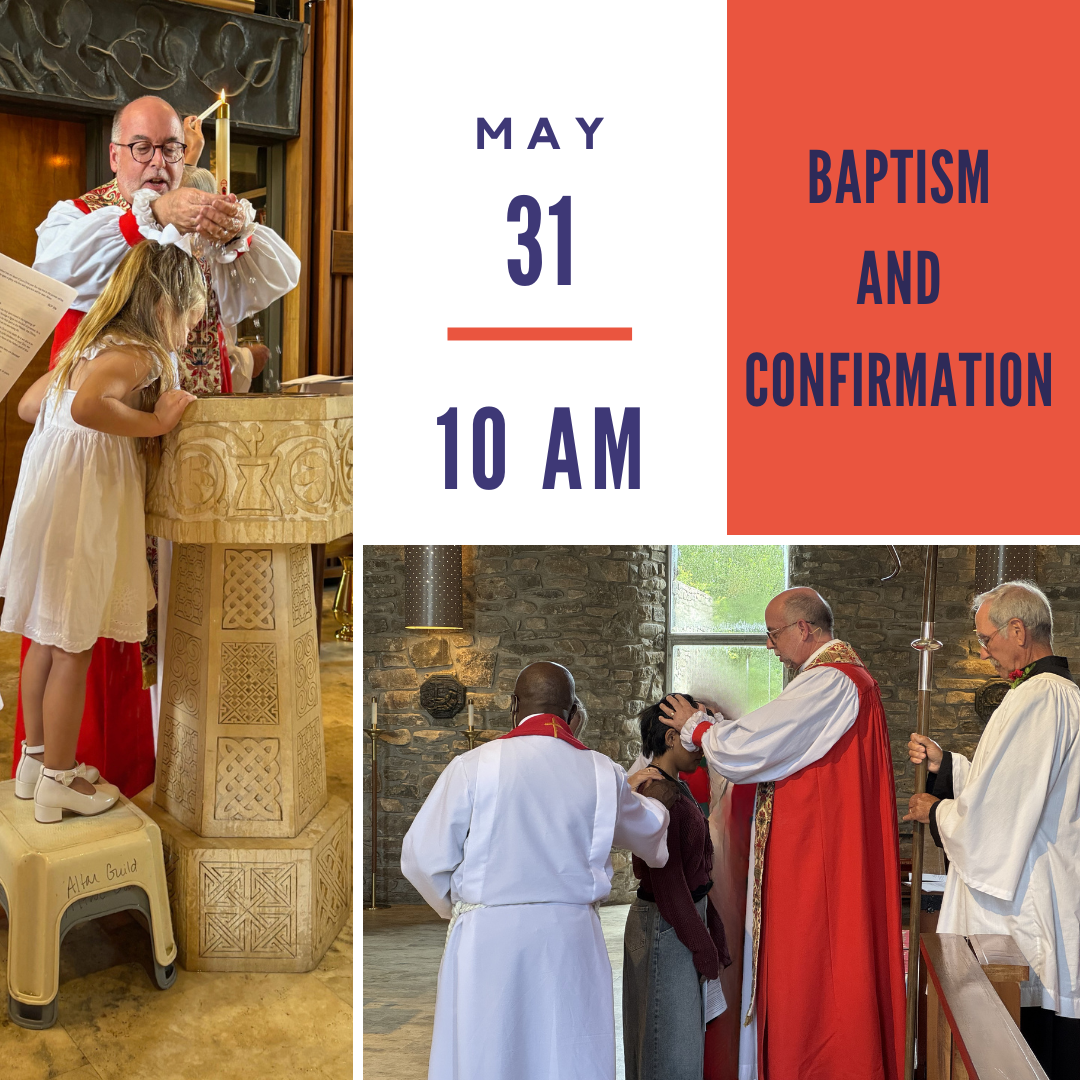 A church baptism and confirmation ceremony with clergy performing rituals, a young girl leaning over the baptismal font, and a priest anointing a woman during confirmation.