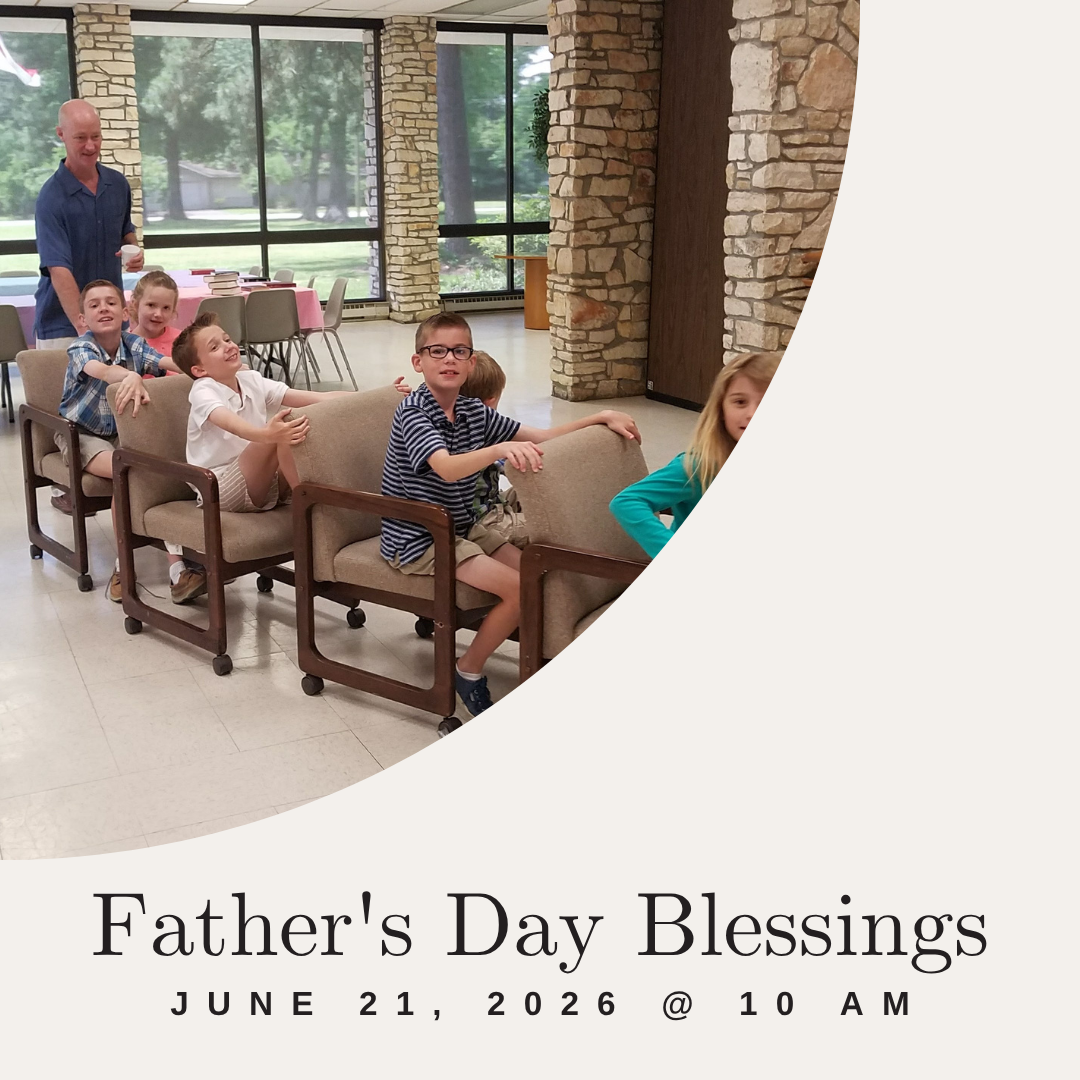 Children sitting on chairs in a line, smiling and looking at the camera in a room with large windows and stone walls. A man is standing behind them holding a cup. The image is part of a Father's Day greeting card with text that says 'Father's Day Blessings, June 21, 2026 @ 10 AM.'