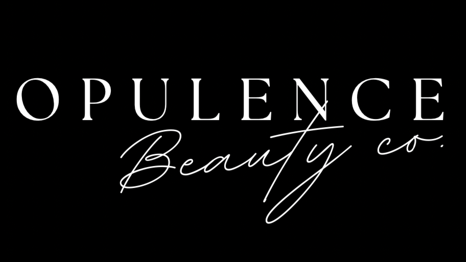 Black background with white text displaying 'OPULENCE Beauty Co.' in elegant, mixed font styles.