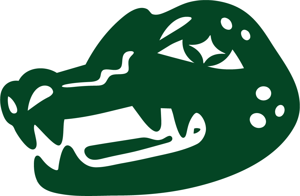 Green dinosaur mascot head with a friendly expression.