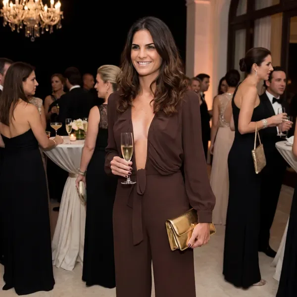 A woman in a brown outfit holding a glass of champagne and a gold clutch at a formal event or party.