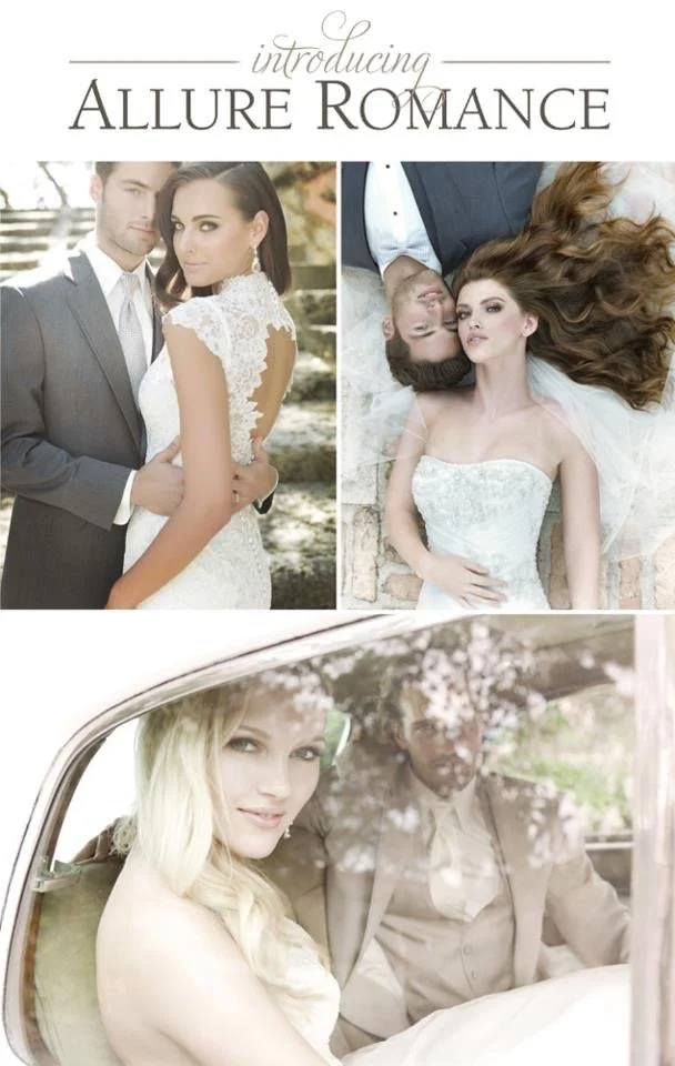 Promotional collage for Allure Romance wedding dresses, featuring three images of couples in wedding attire. The top left shows a couple outdoors, the top right shows a couple lying on the ground, and the bottom shows a couple in a vintage car.