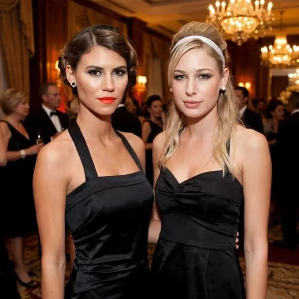 Two women in elegant black dresses posing at a formal event with gold and chandelier decorations in the background.