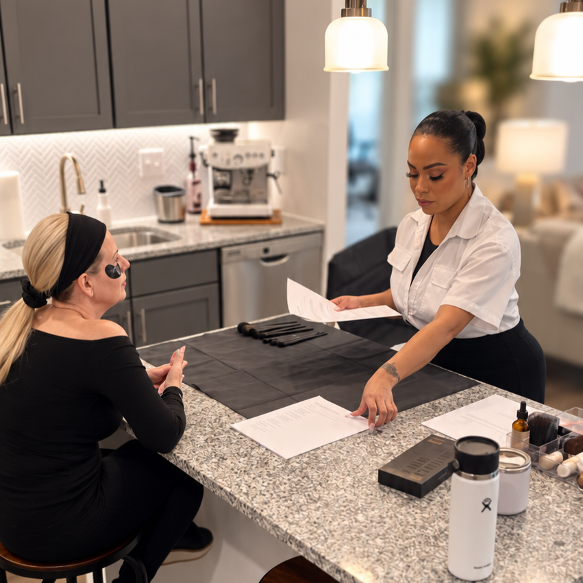 Erika Chrysler reviewing personalized lesson notes and makeup tools with a client.