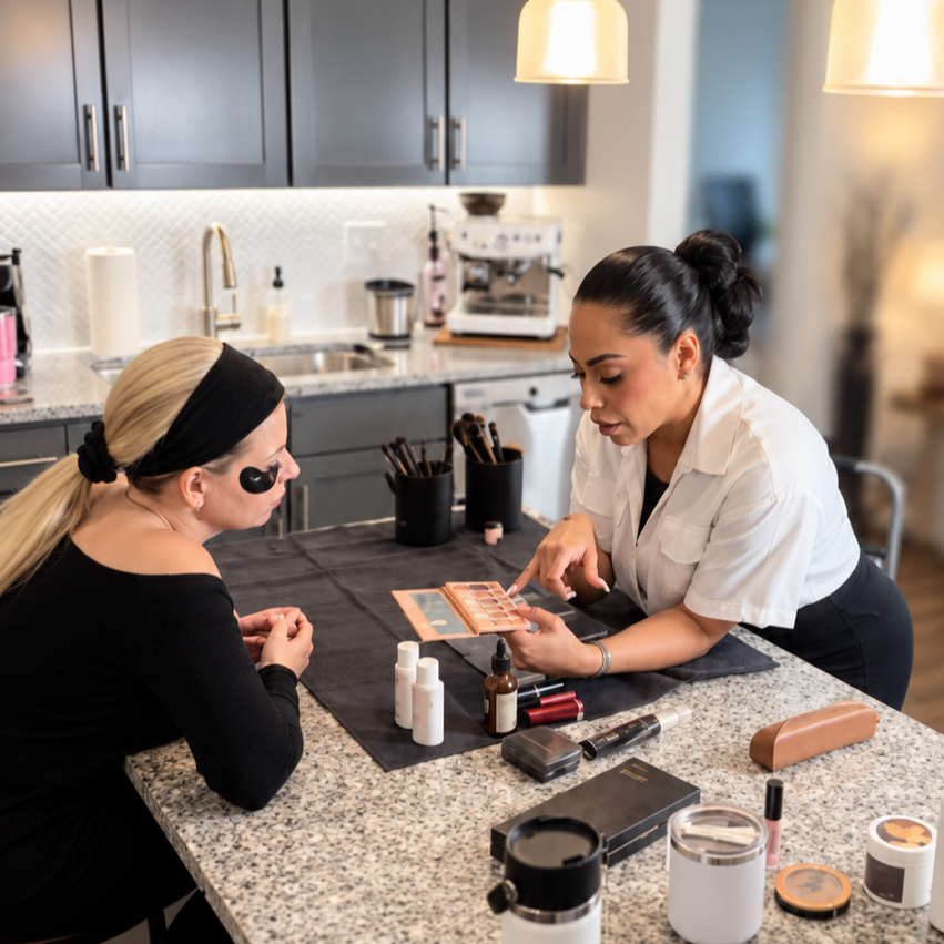 Erika Chrysler guiding a client through palette and product selection during a personal makeup lesson.