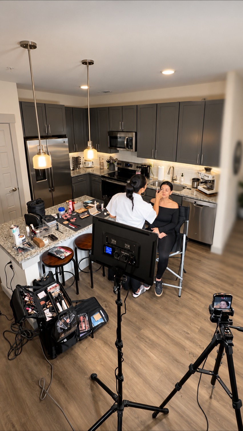 Professional lighting, cameras and makeup kit arranged for a personal makeup lesson.