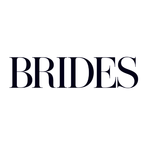 The image features a stylized black wedding cake with a gold topper, adjacent to the word 'BRIDES' in bold navy blue letters.