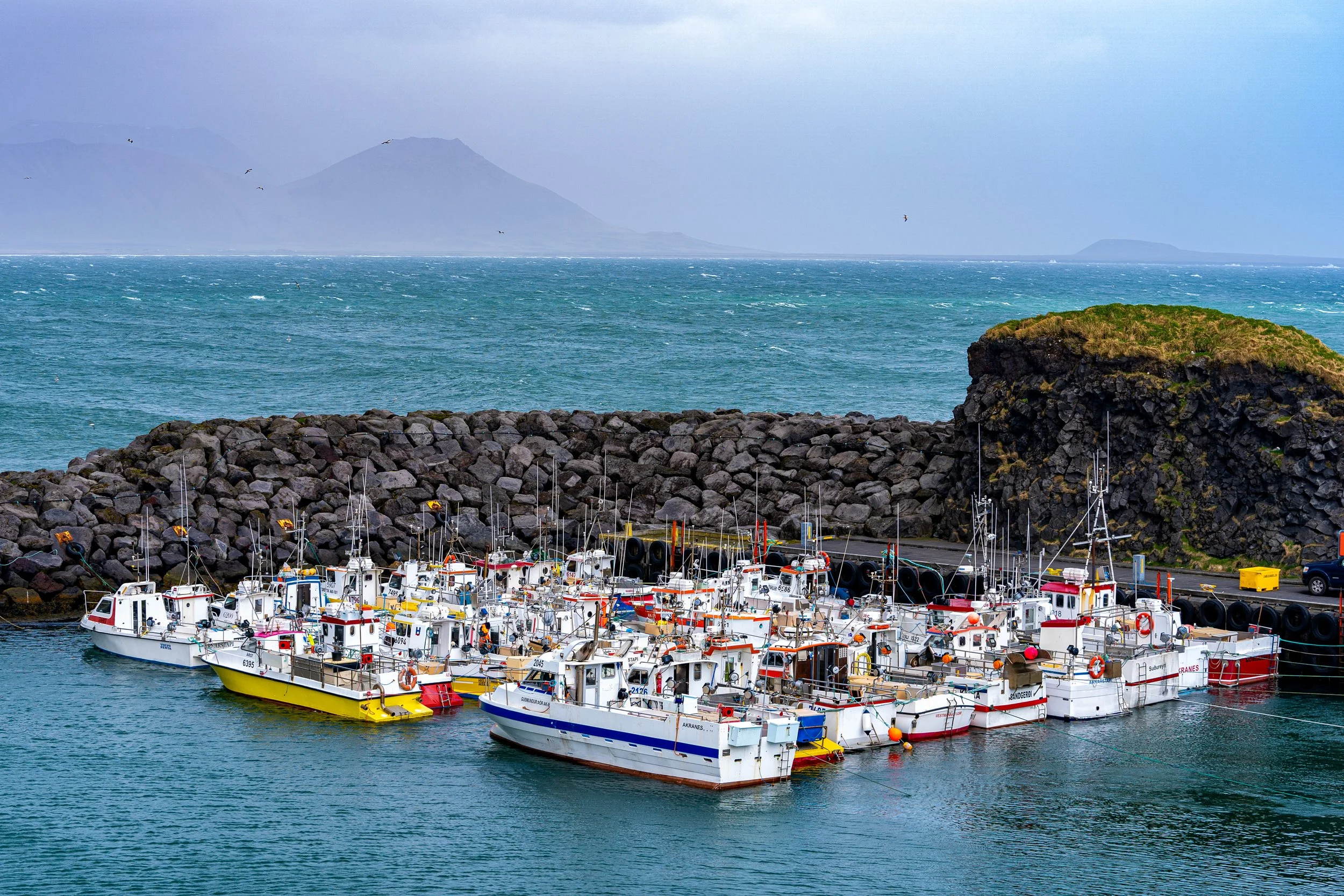 A harbor filled with boats tied to the dock, with a rocky breakwater and green hillside behind. The ocean and mountains are visible in the distance under a cloudy sky.