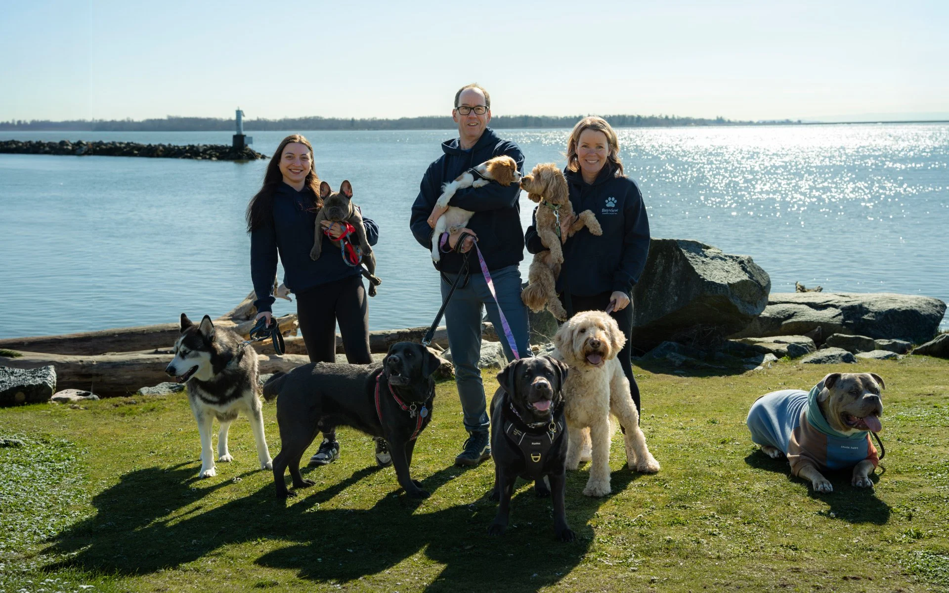 Julia, Art and Erin standing on a grassy plot in front of Steveston Harbour with nine dogs of various breeds, some sitting and some being held, in a sunny outdoor setting.
