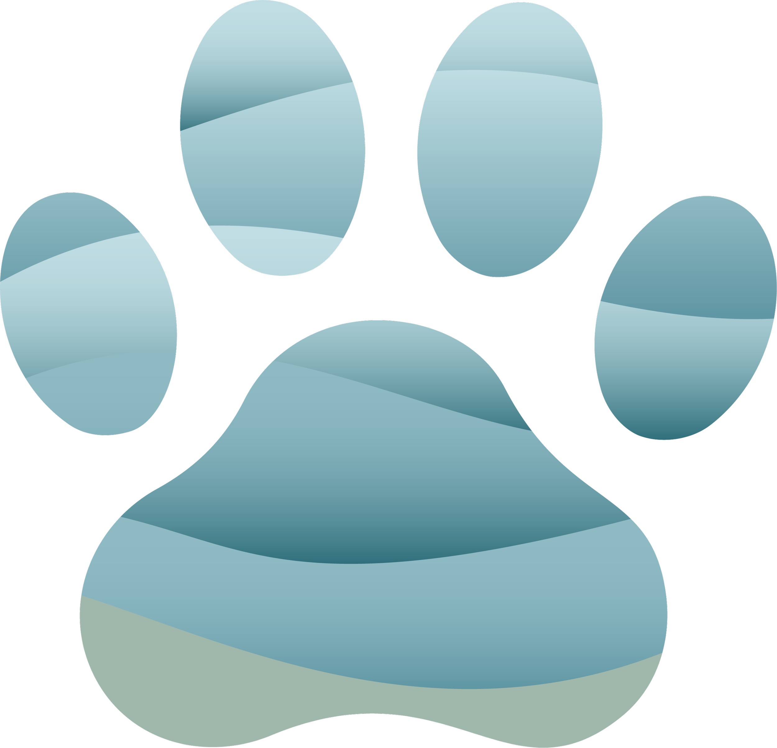 Four oval-shaped, three-dimensional, light blue reflections above a large, rounded bottom shape in a metallic or glossy finish.