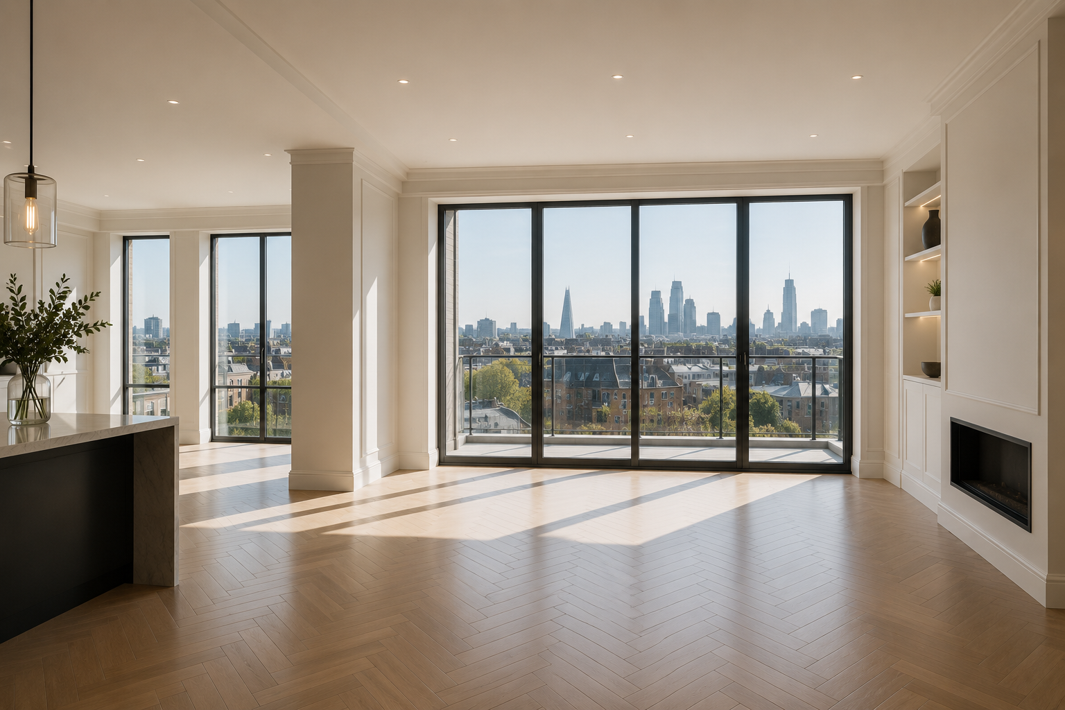 Premium London apartment with panoramic skyline views, modern finishes and immaculate presentation, representing professional property consultation and tailored cleaning services.