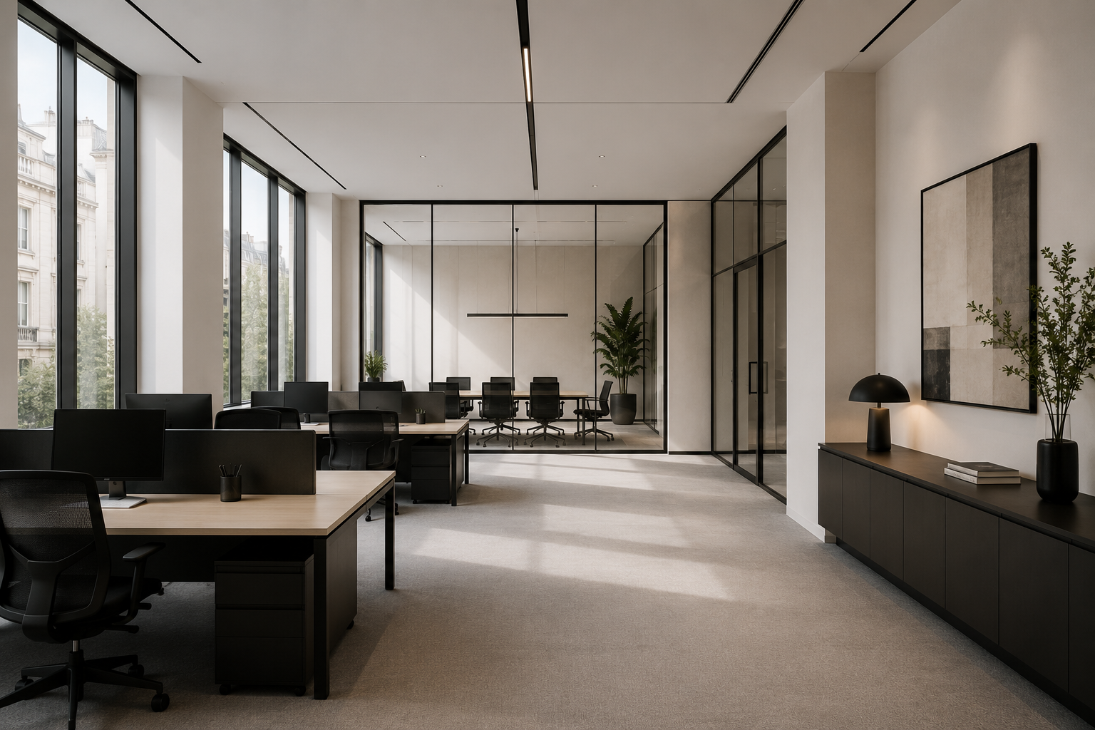 Professional commercial cleaning service in a modern London office, maintaining clean and presentable workspaces for businesses and managed properties.