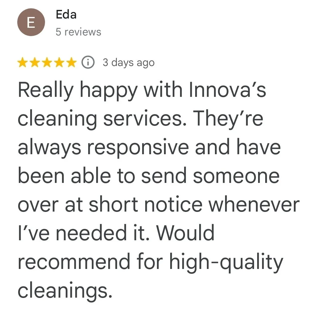 Customer review of Innova's cleaning services, five-star rating, positive feedback on responsiveness and quality.