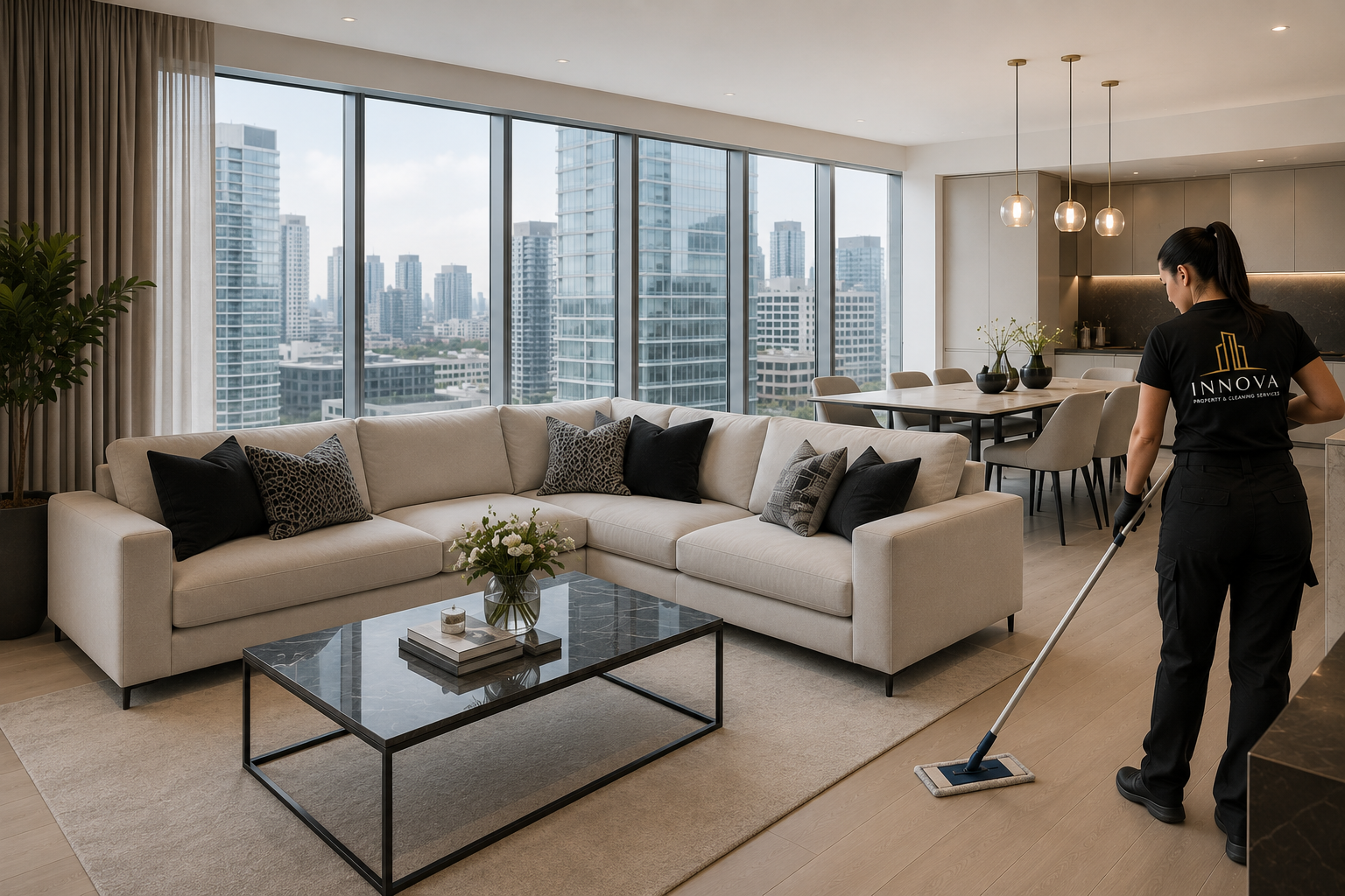 Professional residential cleaning service in a luxury London apartment, delivering meticulous cleaning and attention to detail for private residences.