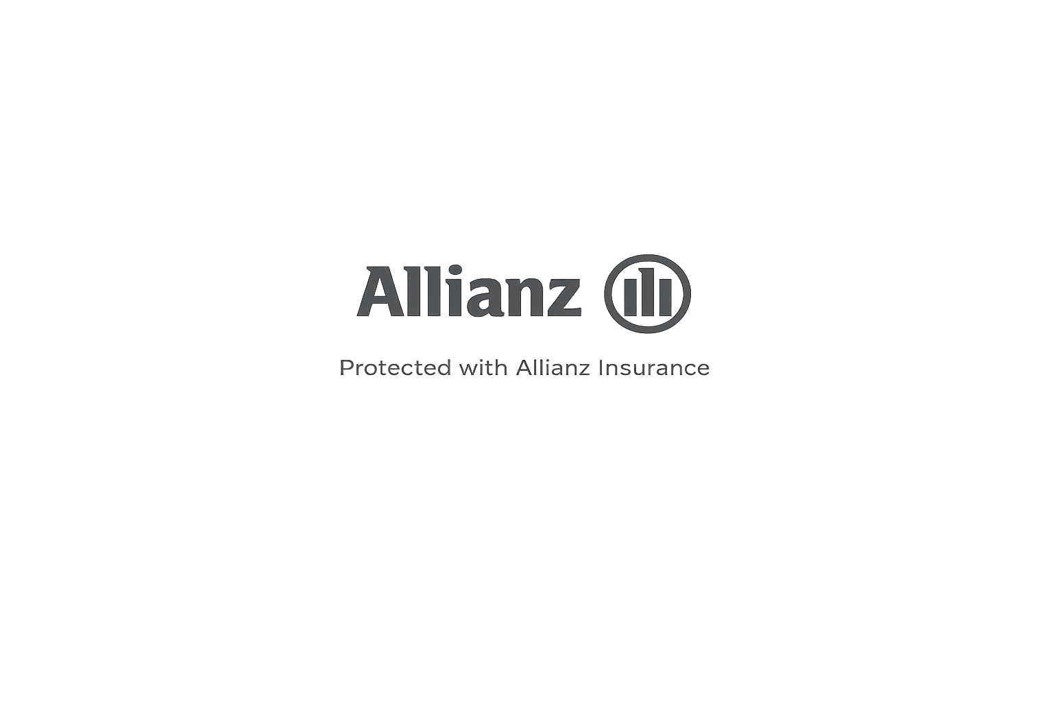 Black background with gray logo and text: 'Allianz' followed by a pause symbol, and the phrase 'Protected with Allianz Insurance' underneath.