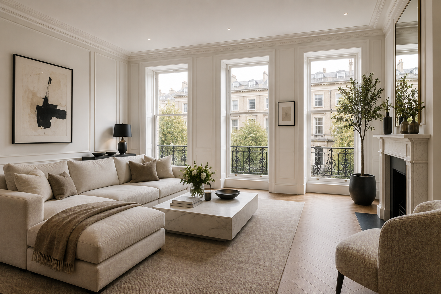 Premium residential apartment in Kensington, London featuring luxury interiors, modern living space and high-end home presentation.