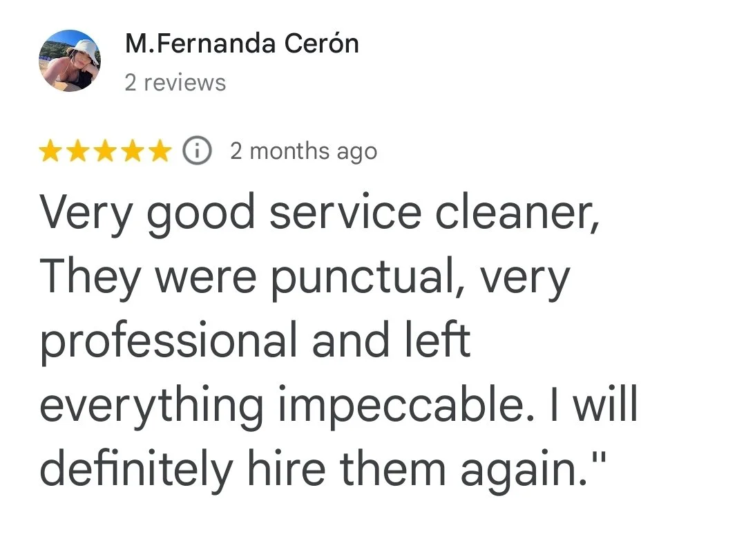 Screenshot of a Google review by M. Fernanda Cerón praising a cleaning service for being punctual, professional, and leaving everything impeccable.