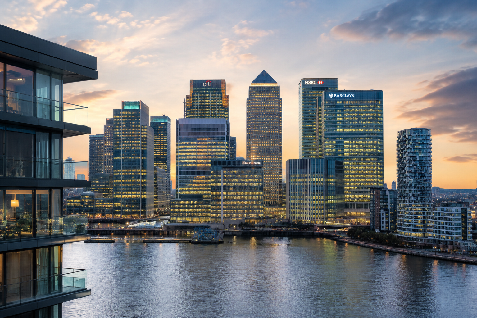 Modern skyline and commercial buildings in Canary Wharf, London.