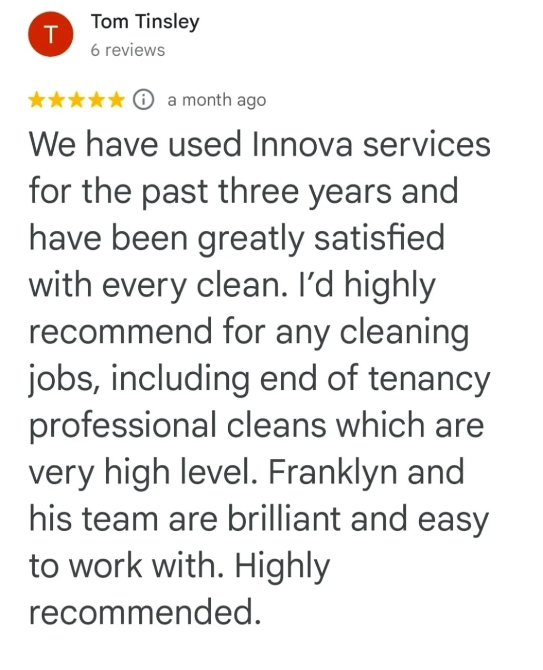 Verified Google reviews for Innova Commercial Cleaning services