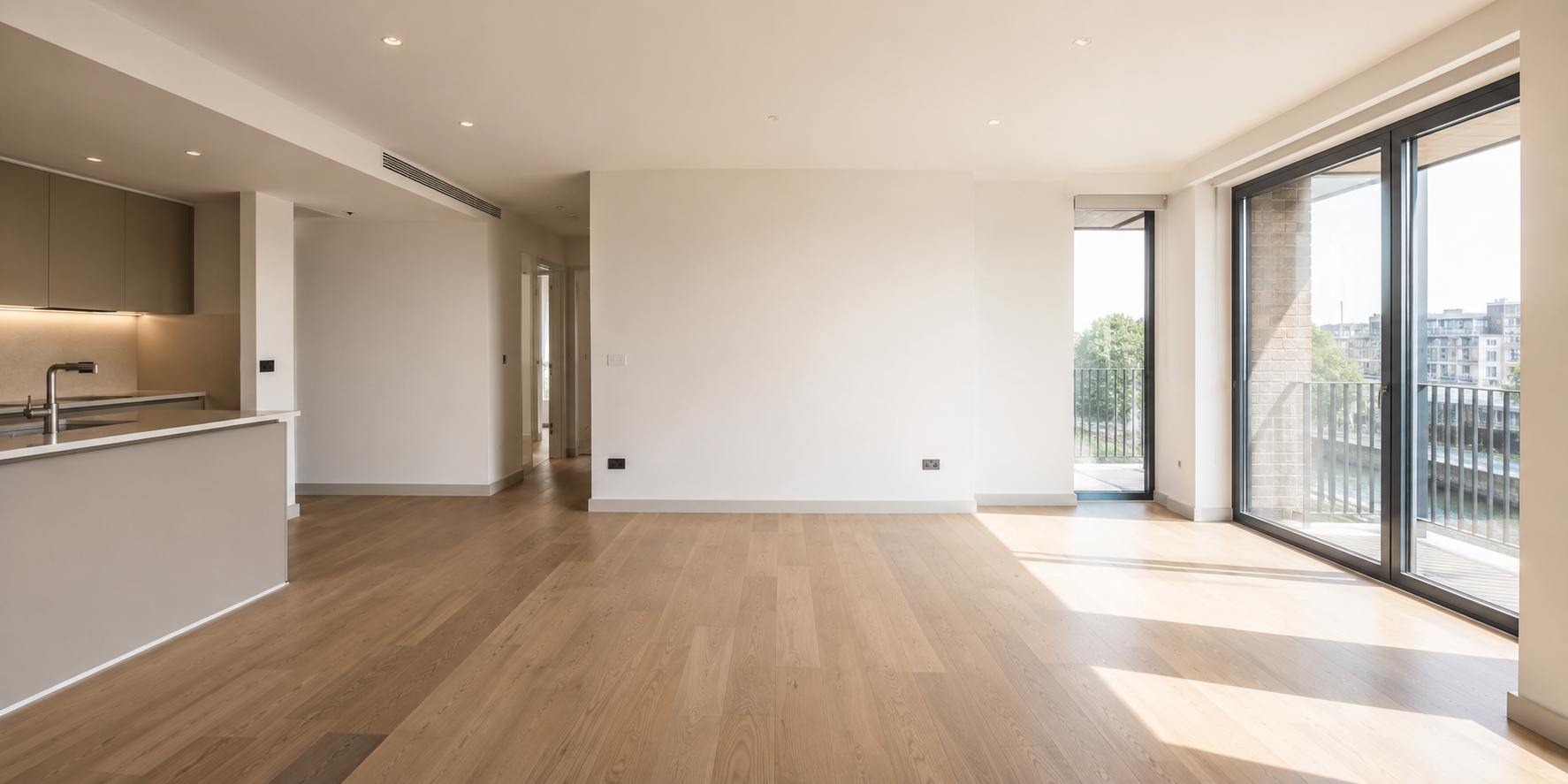 Empty modern apartment in Fulham London prepared for professional end of tenancy cleaning services.