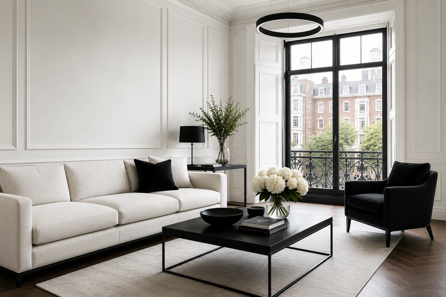 Luxury apartment living room in Chelsea London with elegant modern interior and premium minimalist design