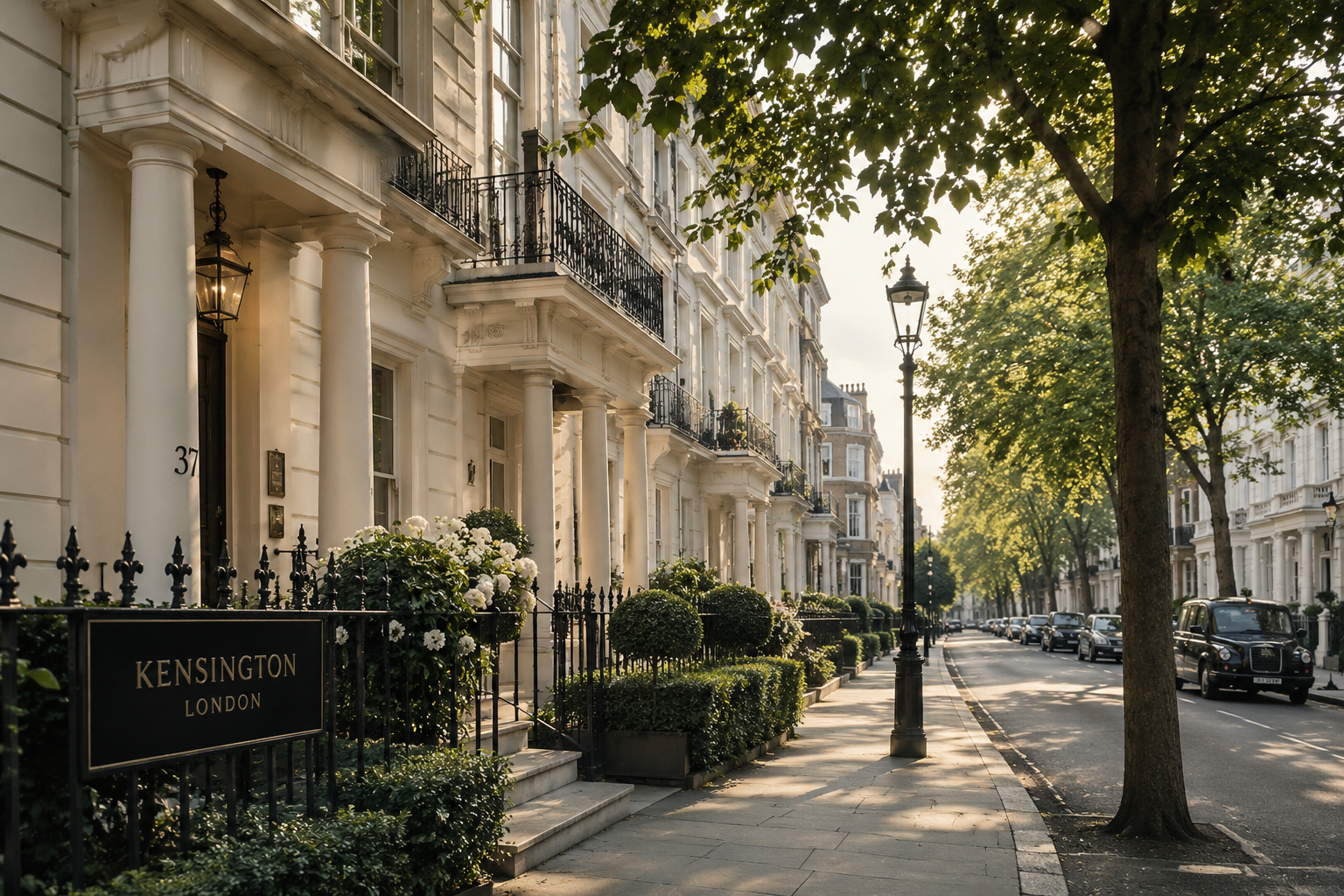 Elegant Kensington townhouse street in London with luxury residential architecture, tree-lined avenue and premium London aesthetic.