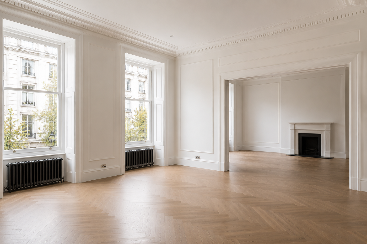 Empty luxury apartment in Kensington, London featuring high ceilings, elegant period architecture, natural light and premium hardwood flooring, prepared for end of tenancy cleaning.