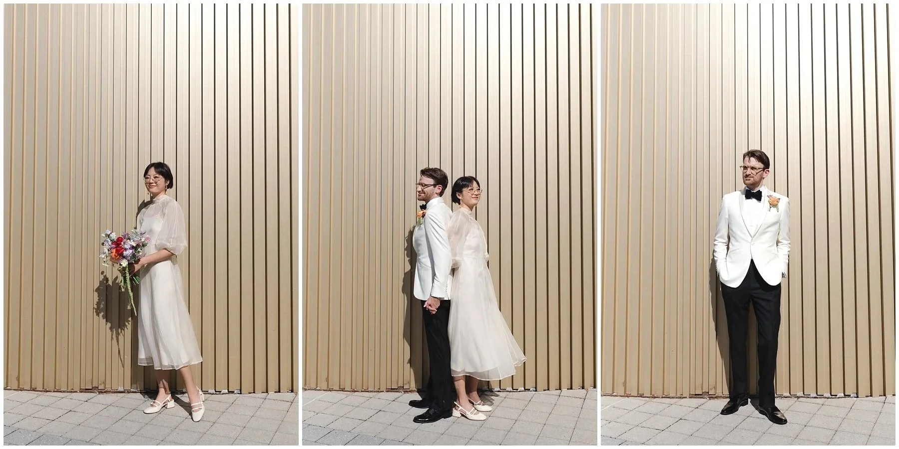Three photos of wedding couples posing against a beige wooden wall. The first photo features a woman in a white dress holding a colorful bouquet. The second photo shows a man in a white tuxedo jacket and a woman in a white dress standing back to back, holding hands. The third photo displays a man in a white tuxedo jacket with a boutonniere, standing with hands in pockets and looking to the side.