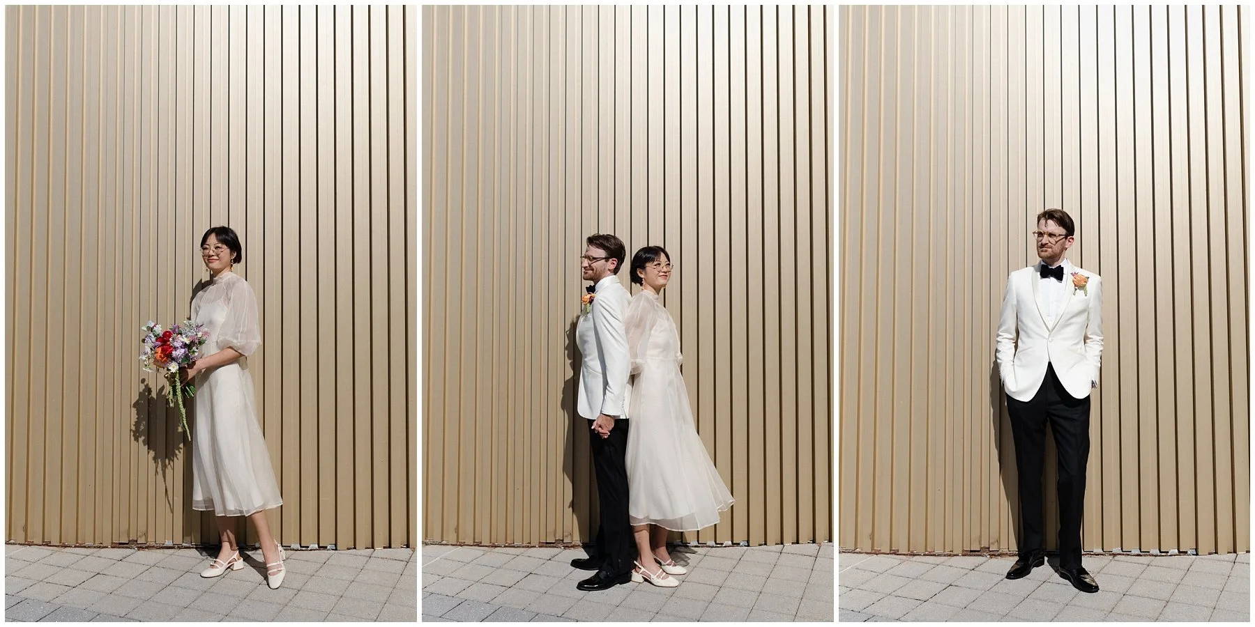 Three separate photos of wedding couples standing against a beige wooden wall. The first photo shows a woman in a white dress holding a colorful bouquet, smiling. The second photo shows a bride and groom standing back to back, holding hands and smiling, with the bride in a light-colored dress and the groom in a white jacket and black pants. The third photo shows a man in a white tuxedo jacket and black pants, standing alone with hands in pockets, looking to the side.
