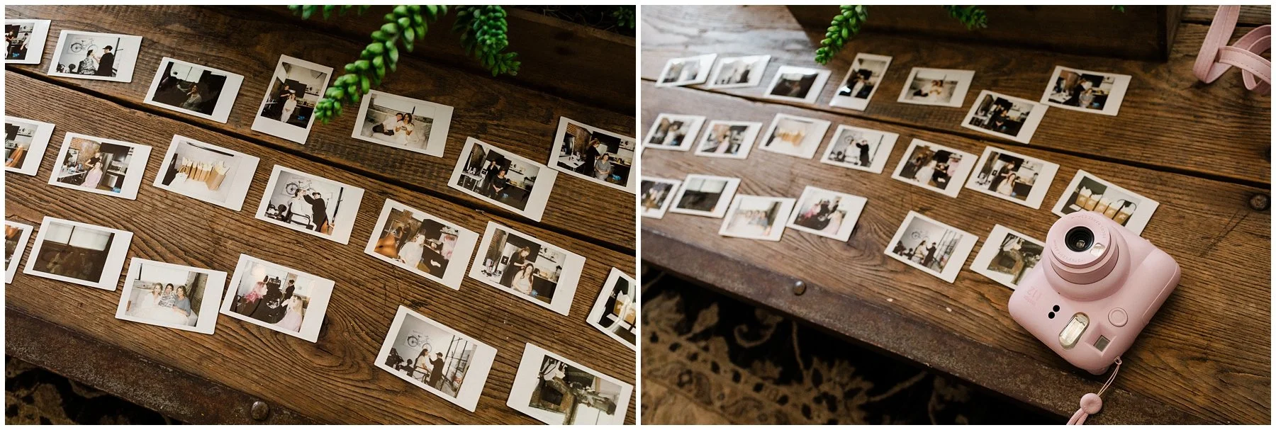 A wooden table with several rows of printed photographs displaying various indoor scenes and people, and a pink instant camera placed on the corner of the table.