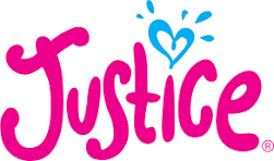The word "Justice" written in pink with a blue heart and water splash design.