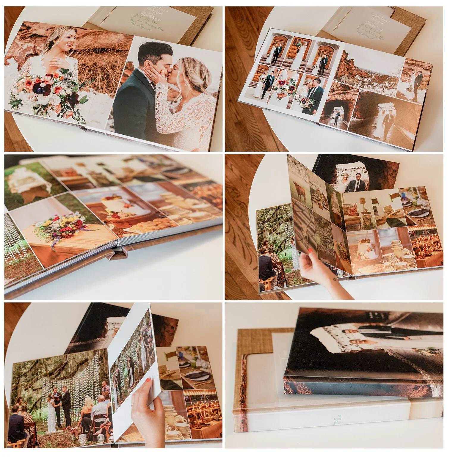 A collection of photos from a wedding photo album showing a bride and groom, wedding decorations, cake, guests, and outdoor scenery.