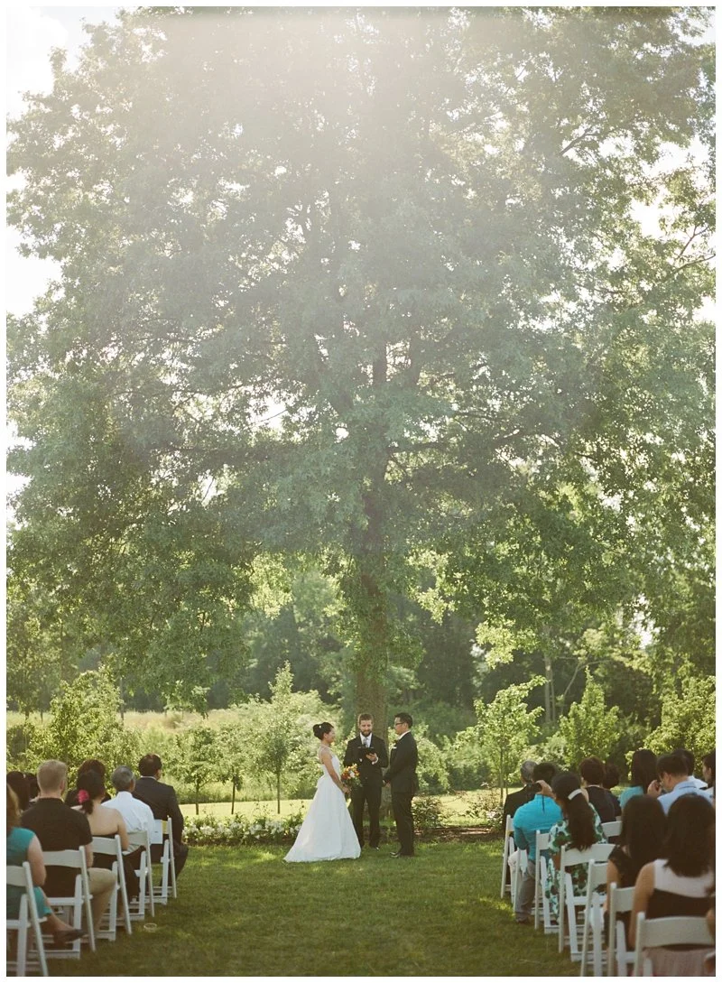 Outdoor wedding ceremony with a bride, groom, and officiant standing before an audience in a garden setting, with large trees and sunlight filtering through.