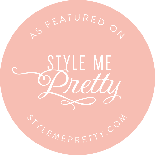 Pink circular logo with white text that reads 'As featured on Style Me Pretty' and the website 'stlyemepretty.com'.