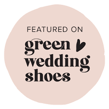 Logo with beige background reading "Featured on green wedding shoes" with a heart icon