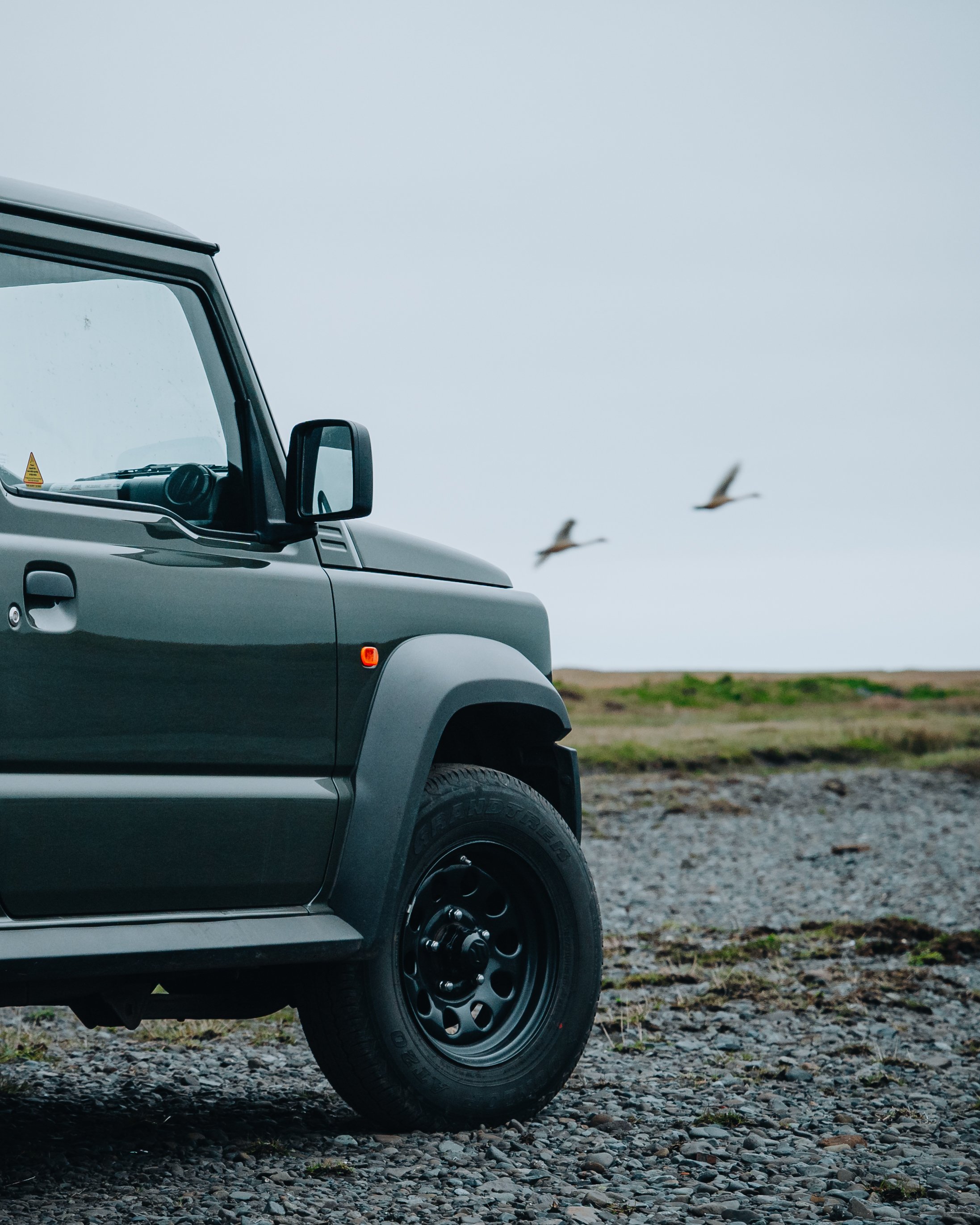 Ein grauer Offroad-Fahrzeug steht auf einer kiesbedeckten Fläche, im Hintergrund fliegen Vögel über ein offenes, grünbewachsenes Feld bei bewölktem Himmel.