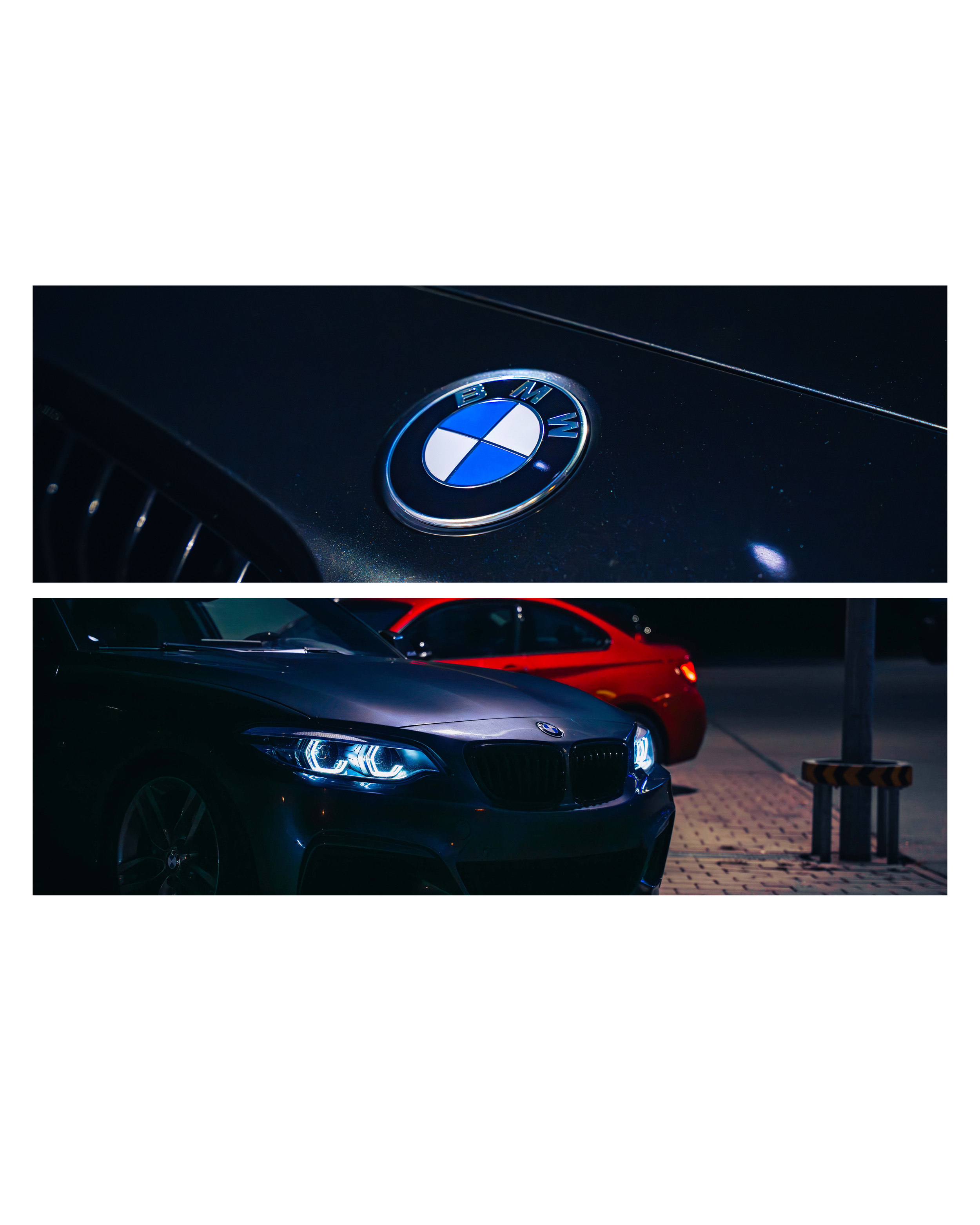 Nahaufnahme von BMW-Logos auf zwei Autos, eines dunkelblau mit leuchtenden Scheinwerfern vor einem roten Auto bei Nacht