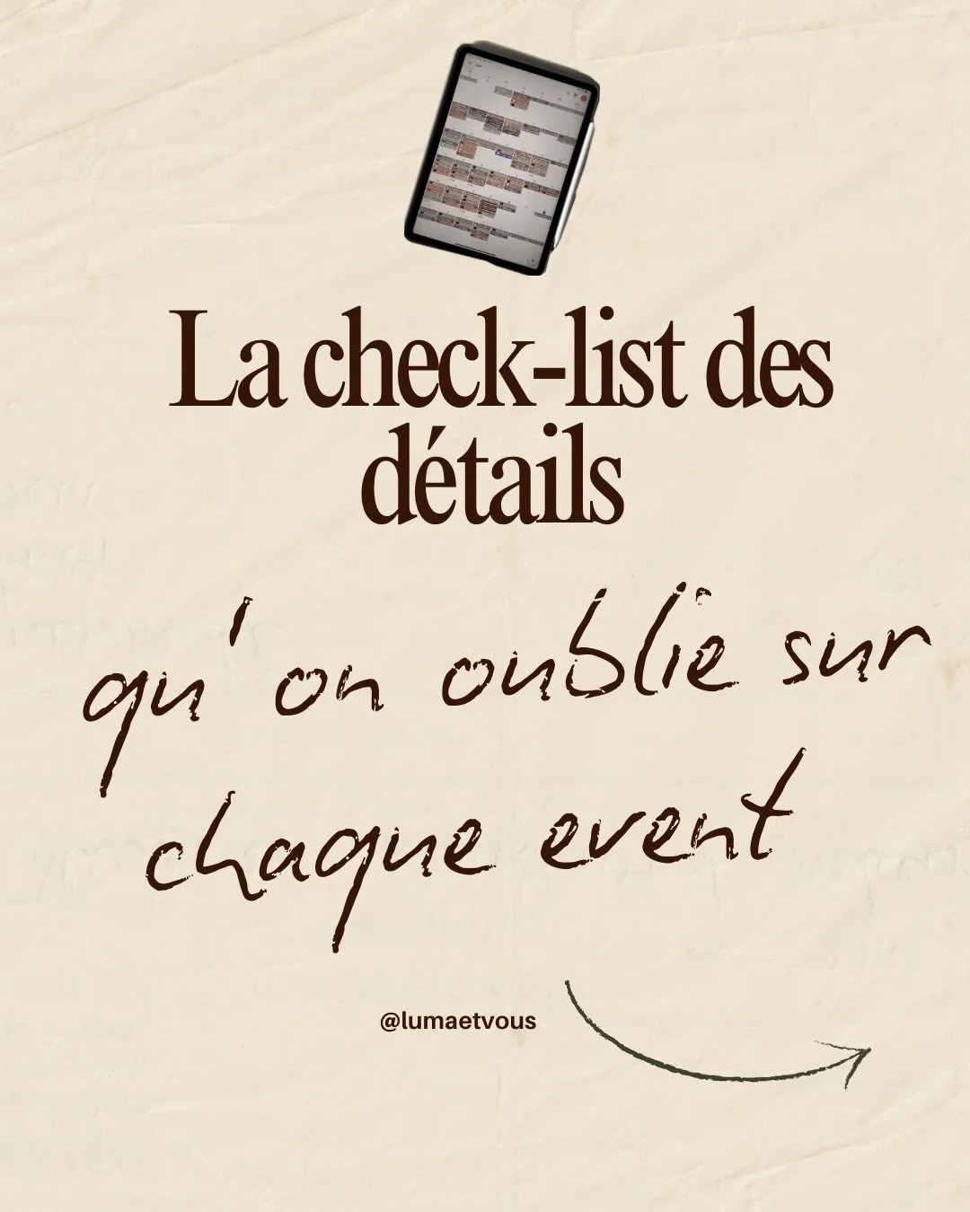 Tu penses que tout est pr&ecirc;t pour ton &eacute;v&eacute;nement ? 👀

Et pourtant&hellip; ce sont les petits d&eacute;tails qu&rsquo;on oublie souvent qui font toute la diff&eacute;rence ✨

Dans ce carrousel, je te partage la check-list des d&eacu