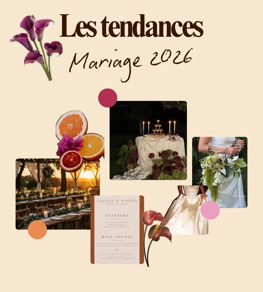 Tendances mariage 2026 &agrave; ne pas manquer ! ✨

Tu veux un mariage qui d&eacute;chire et qui te ressemble ? 
Swipe pour d&eacute;couvrir ce qui va cartonner cette ann&eacute;e :

💃 Robes &amp; style &ndash; tissus et couleurs qui font r&ecirc;ve
