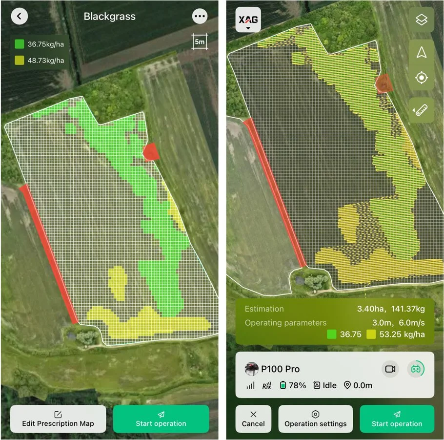 Digital map of a farmland field with grid overlays, showing crop health and biomass density, with green and yellow zones, and control buttons for operation and settings.