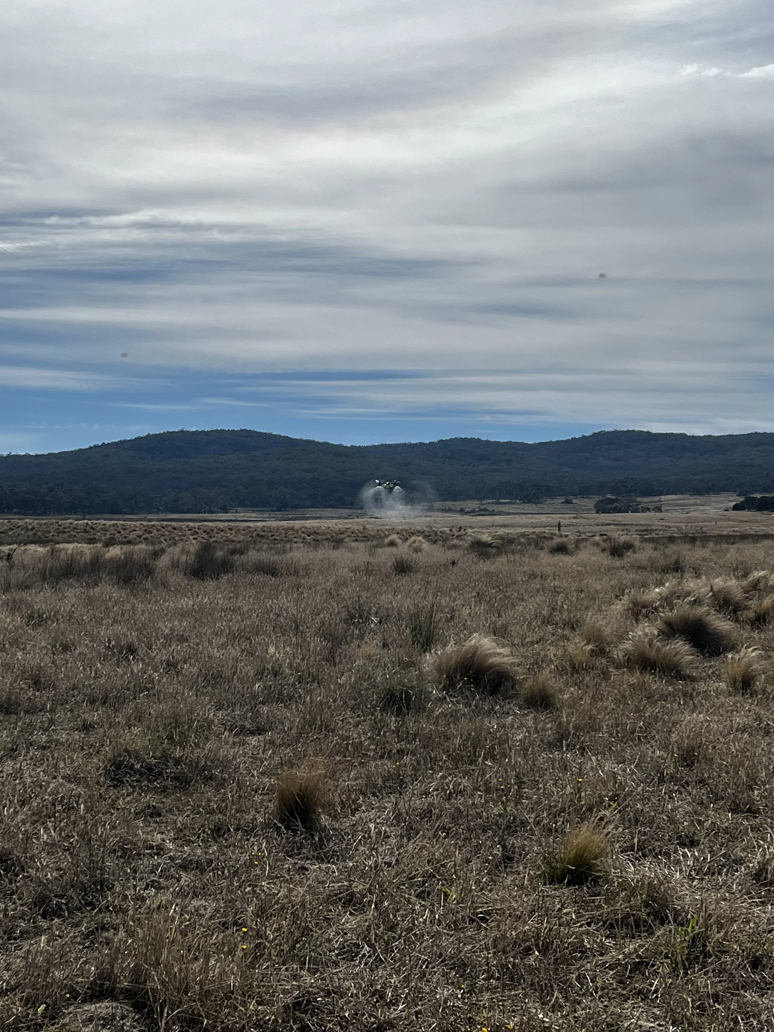 Open landscape of dry grass with rolling hills in the background under a cloudy sky, and a helicopter flying low, kicking up dust.