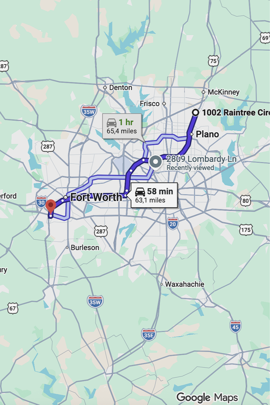 Map showing driving routes from Fort Worth to Raintree Circle in Plano, Texas, including the metro area.