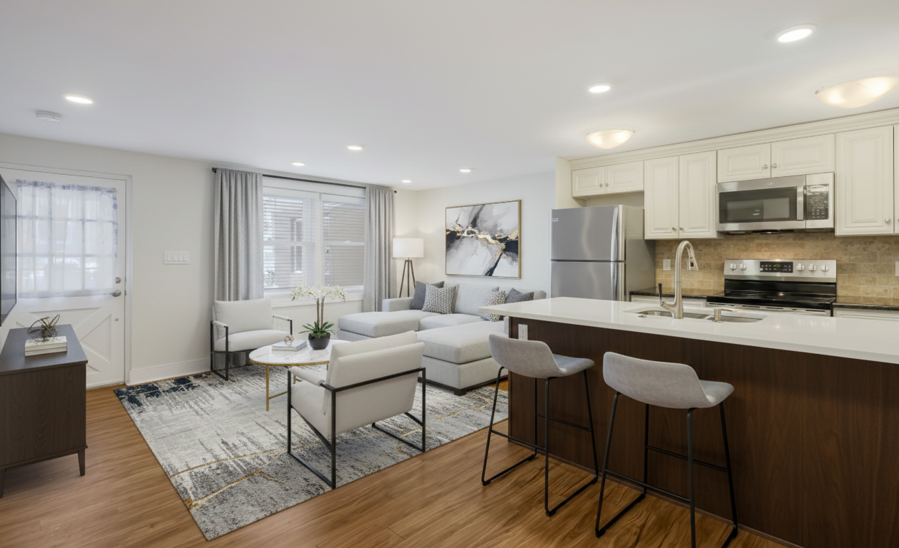 Open-concept living room and kitchen with white walls, hardwood floors, gray sofa, white armchairs, modern art, kitchen island with bar stools, stainless steel appliances, and large windows with curtains.