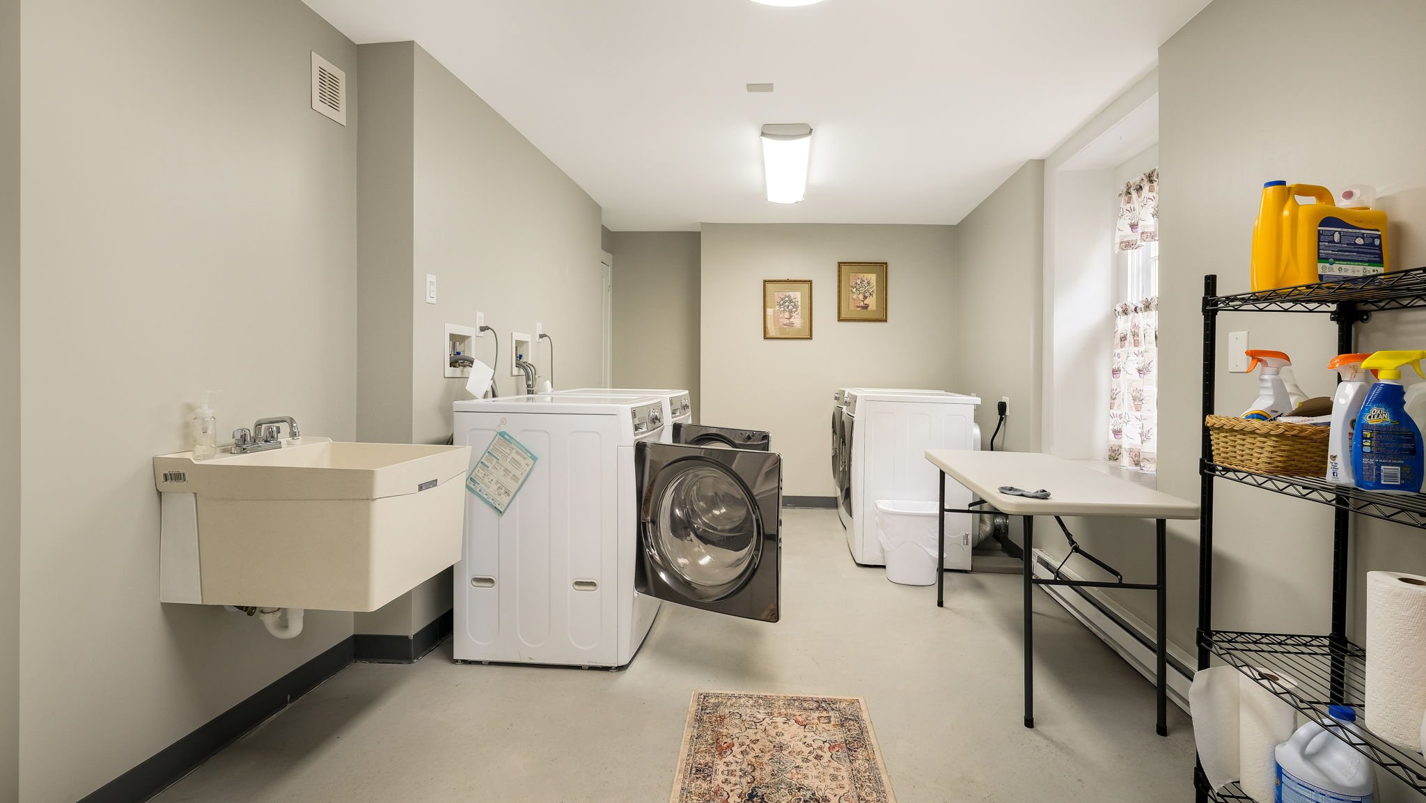 Laundry room with washing machines, a utility sink, a folding table, and shelves with cleaning supplies.