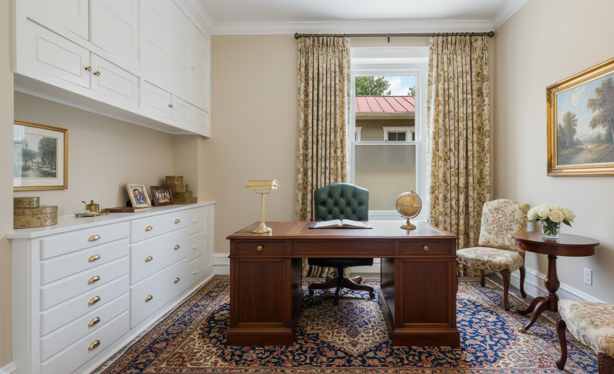 A traditional home office with a wooden desk, green leather chair, floral patterned chairs, and a window with floral curtains.