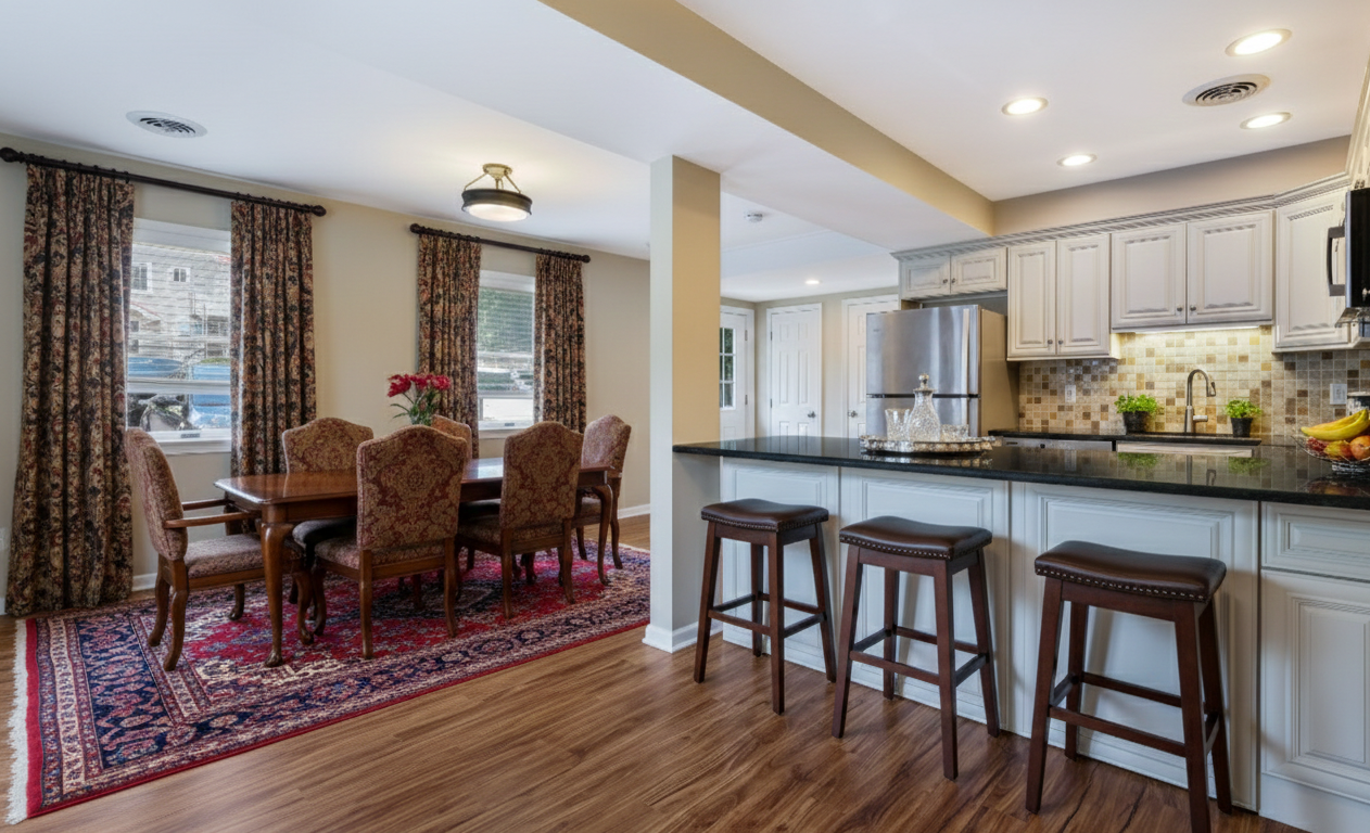 A kitchen and dining area with a dining table and six upholstered chairs, floral curtains on windows, a hanging light fixture, a kitchen counter with three bar stools, white cabinetry, a stainless steel refrigerator, and a mosaic tile backsplash.